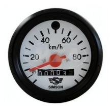 Tachometr s podsvícením a zelenou kontrolkou směrovky - ø 60 mm - 100 km / h - červené ručičky, bílý ciferník s logem, černý prstenec