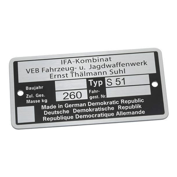 Simson Typenschild S51 - IFA Kombinat VEB Fajas - bis Baujahr 1990