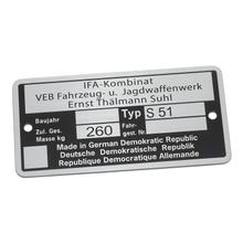 Simson Typenschild S51 - IFA Kombinat VEB Fajas - bis Baujahr 1990
