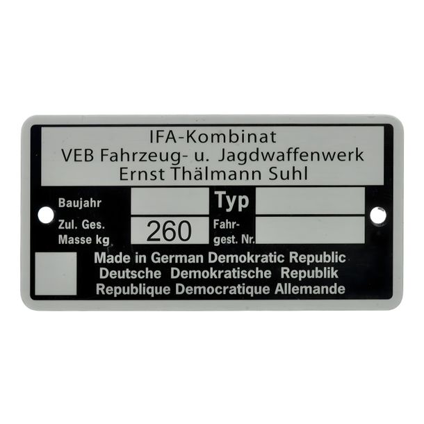 Placa ID - IFA Kombinat VEB Fajas, Zul. Masa total 260 kg - hasta el año de construcción 1990
