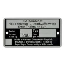 Typenschild - IFA Kombinat VEB Fajas, Zul. Ges. Masse 260 kg - bis Baujahr 1990