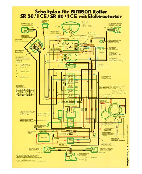 Simson Schaltplan, Farbposter für SR50 / 1 CE, SR80 / 1 CE mit  Elektrostarter
