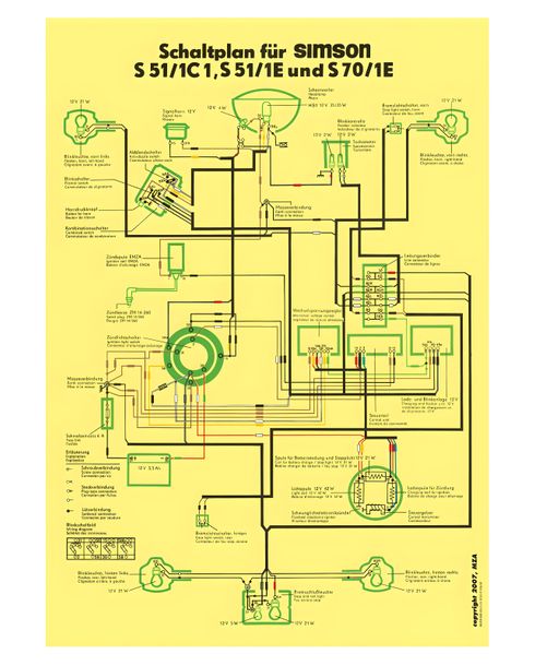 Poster a colori dello schema elettrico Simson per S51/1C1, S51/1E, S70/1E, Enduro