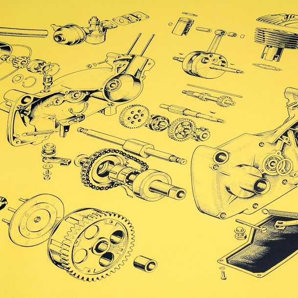 Simson exploded view, color poster about motor RH50II - SR2 with pedal kickstarter