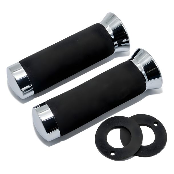 Pair of V Parts Foam/ Chrome 22mm Universal Handlebar Grips 2pcs for Motorcycle Bike, Quad, Scooter
