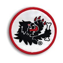 Aufnäher Malossi Löwenkopf Ø 6cm mit gesticktem Saum, rot / weiß / schwarz