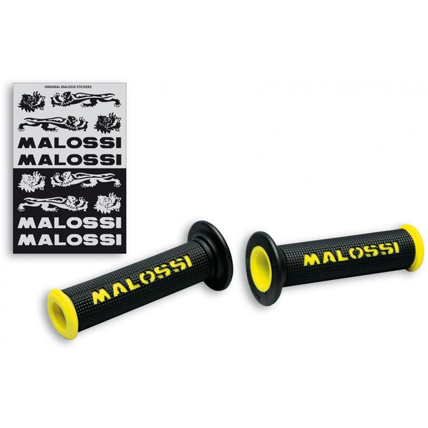 Poignées Malossi ouvertes Ø 22/25 mm, noires avec logo Malossi en jaune, 2 pièces