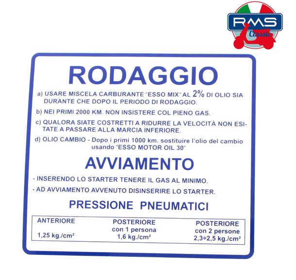 Plaque RMS « RODAGGIO » bleue pour Vespa 50, 610170M003