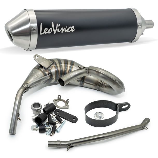 Auspuffanlage komplett LeoVince X-FIGHT Black Edition mit Zulassung, Edelstahl schwarz für Derbi DRD SM / R 50 2003 / Senda Racer SM / Enduro 2004 - 2009 / Senda SM 2001 / Senda X-Treme SM / R 2004 - 2012