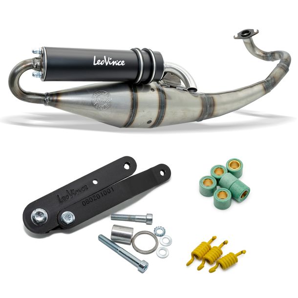 Système d'échappement complet LeoVince HAND MADE TT Black Edition avec homologation, aluminium noir pour Peugeot Jet Force 50 TDSI i.e. 2003 - 2006 / Jet Force C-Tech i.e. LC / Ludix Blaster LC 2005 / Speedfight 3 50 LC 2009 - 2011