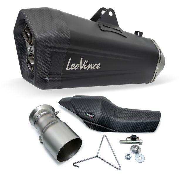 Silenziatore finale LeoVince LV-12 Black Edition omologato, acciaio inossidabile nero, tappo in carbonio e paracalore per KTM Adventure / R 1090 2017 - 2019 / Adventure / R 1190 2013 - 2016 / Super Adventure 1290 2015 - 2016