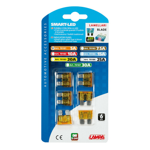 Smart Led, Jeu de 6 fusibles à lames avec témoin LED, 12/32V