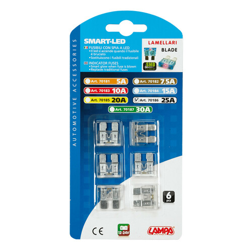 Smart Led, Jeu de 6 fusibles à lames avec témoin LED, 12/32V
